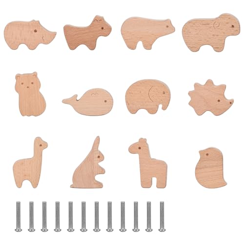 Funnytek 12PCS Tier Holz Schubladengriff, Tierform Möbelknöpfe Kinder Schrankknöpfe für Kinderzimmer, Holzknöpfe Schrank Mit Schrauben von Funnytek