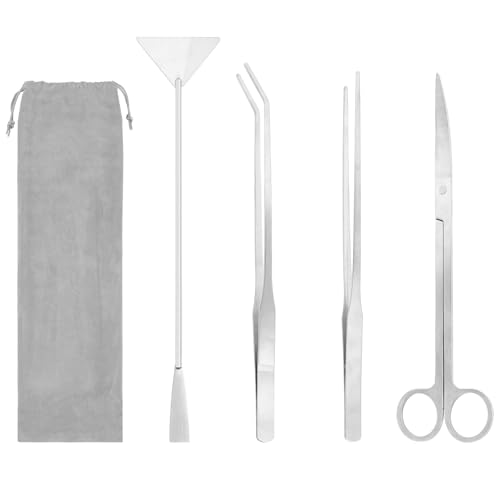 4 Stück Edelstahl Aquarium Tools Zubehör Lange Pinzette Schere Spachtel Werkzeugset Tool Set mit Aufbewahrungstasche Reinigungsset für Aquarium Starter,Pflanzen Set, Silber von Funnytek