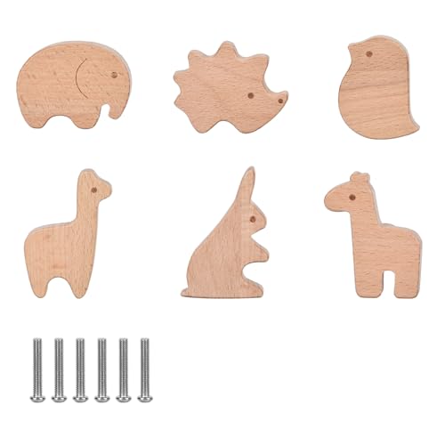 Funnytek 6PCS Tier Holz Schubladengriff, Tierform Möbelknöpfe Kinder Schrankknöpfe für Kinderzimmer, Holzknöpfe Schrank Mit Schrauben von Funnytek