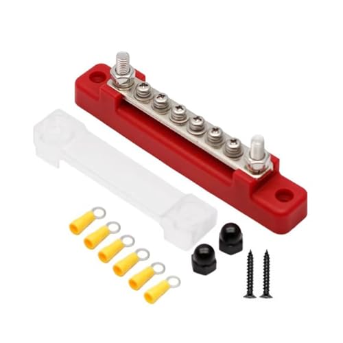 Sammelschiene 12V-48V DC 150A Busbar Sammelschienen Verteilerblock 12v Stromverteilungsblock mit Cover 6x M4 Klemmenbolzen 12v Verteiler für Auto RVLKW, Bus, Boot RV Rot von Funnytek