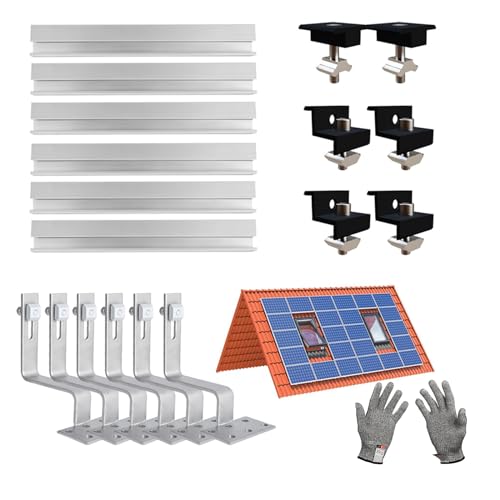 Solar Halterung Ziegeldach Set, Aluprofil und Photovoltaik Dachhaken, Solarmodul Halterung Ziegeldach Schwarz Einstellbare Klemmen für Modul Dicke 30-35mm (2 Module) von Funnytek