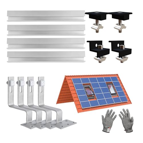 Solar Halterung Ziegeldach Set für 1 Module, Aluprofil und Photovoltaik Dachhaken, Solarmodul Halterung Ziegeldach Schwarz Einstellbare Klemmen für Modul Dicke 30-35mm von Funnytek