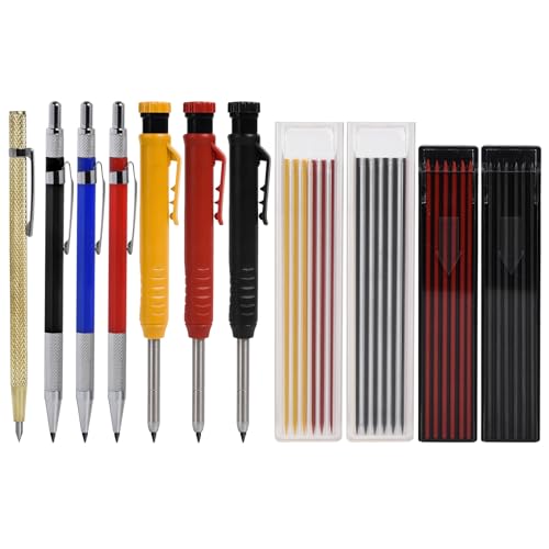 Tieflochmarker, Tischler Bleistift, 7 Stück Set mit 42 Bleistiftminen (Eingebauter Anspitzer), Zimmermannsbleistift Handwerker DIY Werkzeug auf Holz Beton Fliesen von Funnytek