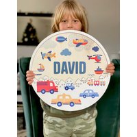 Personalisiertes Namensschild Aus Holz 3D Kinderzimmer Dekoration, Autos & Flugzeuge von Funograf