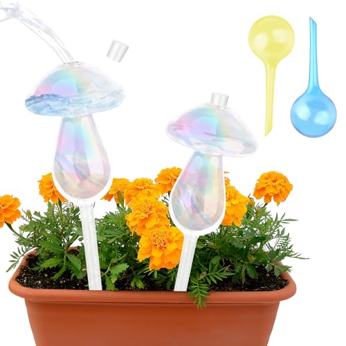 4 Stück Bewässerungskugeln, 2 Stück Bunte Glas Bewässerungskugeln Pilze und 2 Stück PVC Bewässerungskugeln Selbstbewässernde Kugeln Pflanzenbewässerungskugeln für Zimmerpflanzen, Garten und Balkon von Funtery