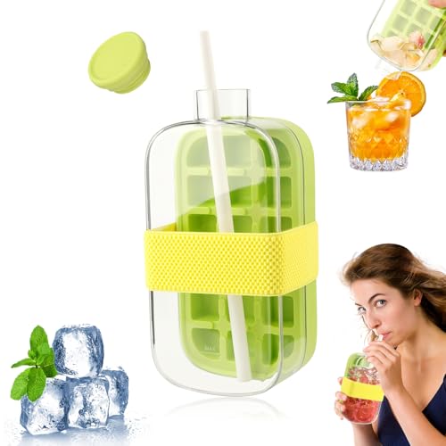 Ice Cube Bottle, 2 in 1 Eiswürfelflasche Eiswürfelbehälter Wasserflasche mit Deckel und Behälter Eiswürfelform Silikon Alle Eiswürfel ineiner Sekunde freigeben für Getränke, Kaffee, Saft (800ml-Grün) von Funtery