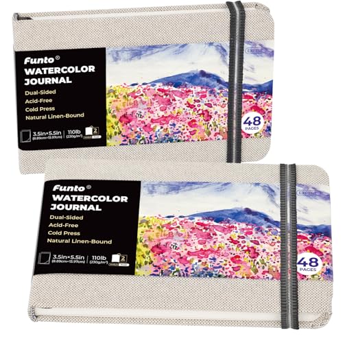 Funto Aquarell-Tagebuch, 3,5x5,5", 2er Pack, je 48 Seiten, kaltgepresstes Aquarellpapier mit Innentasche und Gummiband, 110 lb/230 g/m², Kunstzubehör für Aquarelltechniken und Mischtechniken von Funto