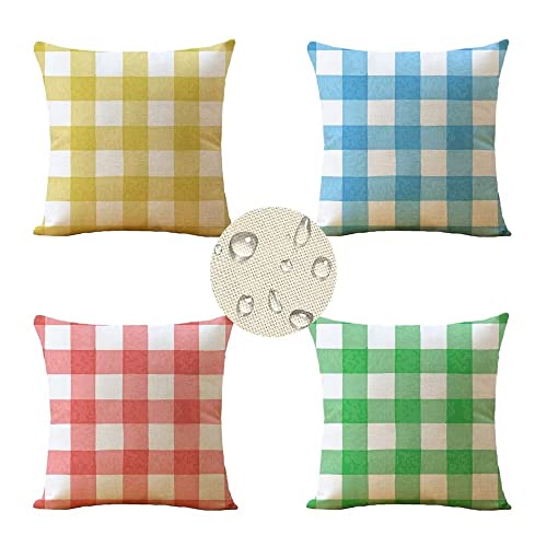 4er Set Kissenbezüge 40x40cm Bunte karierte Streifen Dekorative Kissenbezug mit Unsichtbarer Reißverschluss Wasserdichtes Leinen Kissenhülle Outdoor Kissen for Dekor Wohnzimmer Aesthetic Dekokissen von Funxer