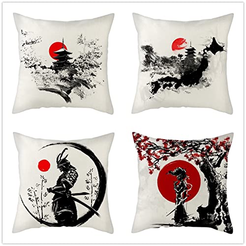 4er Set Kissenbezüge 45x45cm Japanische Schönheit Dekorative Kissenbezug mit Unsichtbarer Reißverschluss Wasserfeste Leinen Kissenhülle Outdoor Kissen for Dekor Wohnzimmer Aesthetic Dekokissen D9 von Funxer