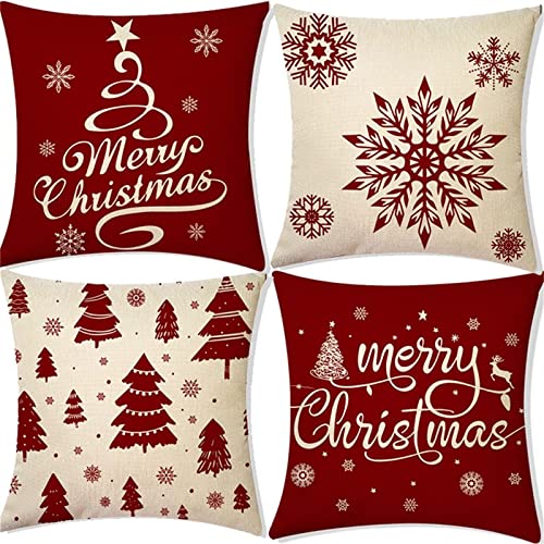 4er Set Kissenbezüge 50x50cm Rote Weihnachten Dekorative Kissenbezug mit Unsichtbarer Reißverschluss Wasserfeste Leinen Kissenhülle Outdoor Kissen for Dekor Wohnzimmer Aesthetic Dekokissen Gifts E11 von Funxer