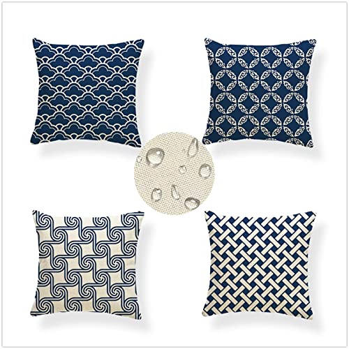 4er Set Kissenbezüge 50x50cm blau kariert boho Dekorative Kissenbezug mit Unsichtbarer Reißverschluss Wasserdichtes Leinen Kissenhülle Outdoor Kissen for Dekor Wohnzimmer Aesthetic Dekokissen Gifts von Funxer