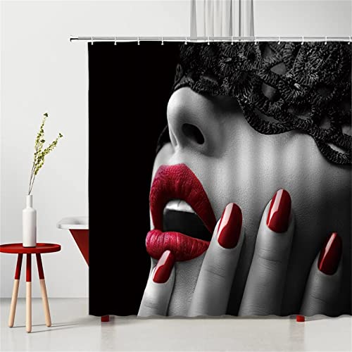 Duschvorhang 180x200cm,Waschbar 3D Shower Curtains,Anti-Schimmel Wasserabweisend Badevorhang,100% Polyester Verdicken Badewanne Vorhang,mit 12 Duschvorhangringen Rote Frau sexy von Funxer