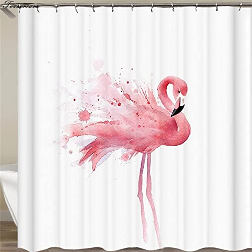 Funxer Duschvorhang 180x180cm,Waschbar 3D Shower Curtains,Anti-Schimmel Wasserabweisend Badevorhang,100% Polyester Verdicken Badewanne Vorhang,mit 12 Duschvorhangringen Flamingo-Rosa-niedlich von Funxer