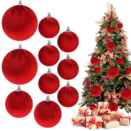 Funzhan 10pcs Rot Beflockt Bälle Samt Hängend Bruchsicher Dekoration Weinlese Zartes gemischt Größe Christbaumkugel Weihnachten Baum Funzhan 10pcs Rot Beflockt Bälle Samt Hängend Bruchsicher Dekoration Weinlese Zartes gemischt Größe Christbaumkugel Weihnachten Baum von Funzhan