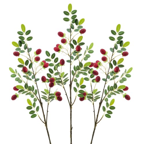Funzhan 3 Stück Künstliche Rote Früchte Stiele Deko 88 cm Falsche Mehrkopf Fruchtzweige Girlande Kunst Himbeere Erdbeere Weihnachtsdeko Realistische Stechpalmenblätter Fruchtzweige von Funzhan