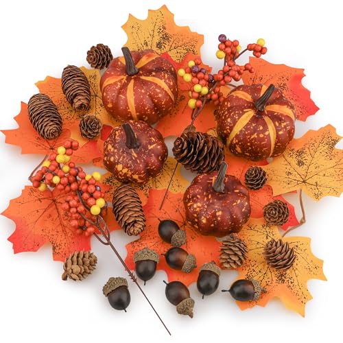 Funzhan 30 PCS Künstliche Kürbisse Set Realistische Kürbisattrappen in verschiedenen Größen aus Kiefernzapfen Falsche Maple Leaves Fruchtzweig Dekoration Herbsternte Thanksgiving Halloween Weihnachten Funzhan 30 PCS Künstliche Kürbisse Set Realistische Kürbisattrappen in verschiedenen Größen aus Kiefernzapfen Falsche Maple Leaves Fruchtzweig Dekoration Herbsternte Thanksgiving Halloween Weihnachten von Funzhan