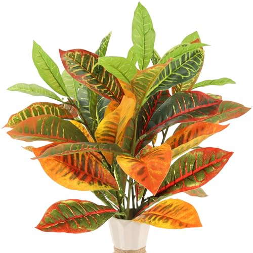 Funzhan 4 Pack künstliche Croton Pflanze Stiel 74 cm realistische Faux Greenery Zweig Lange lebendige Herbstfarben Blätter für Haus Vase Füller Weihnachten Kranz Kamin Dekor Hochzeit Mittelstücke von Funzhan