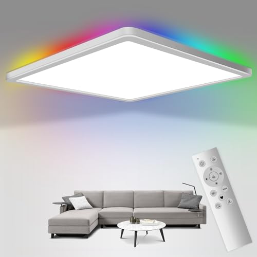 LED Dimmbare Deckenleuchte mit Fernbedienung, 24W RGB Farbwechsel Deckenlampe mit 3000k-6500k, 3200LM und 13-Farben 3W Backlight für Schlafzimmer/Wohnzimmer/Badezimmer/Küche, Quadrat Wasserdicht IP54 von Fuqiduo