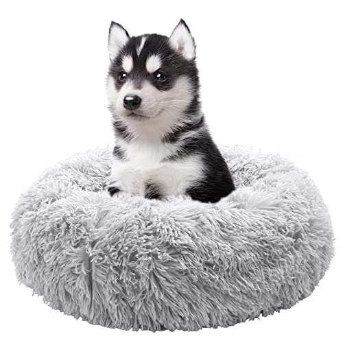 Fur & Bone Rundes Plüsch-Donut-Hundebett – Flauschiges, selbstwärmendes Haustierbett – waschbar mit Rutschfester & wasserdichter Unterseite – beruhigendes Hunde- und Katzenbett (50 cm, Grau) von Fur & Bone