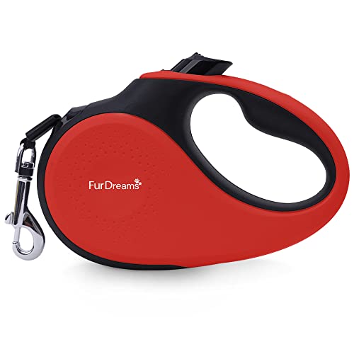 FurDreams Einziehbare Hundeleine – robuste, ausziehbare (5 m) Leine | Rutschfester Griff mit Verriegelungskontrolle | Starkes verwicklungsfreies Nylonband & Halsband Haken (rot, mittel) von FurDreams