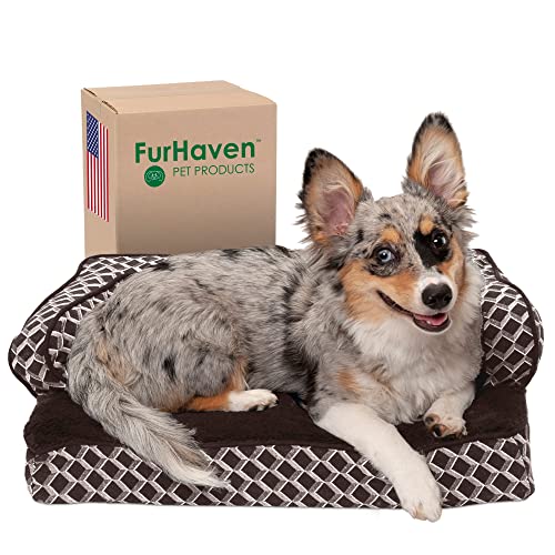 FurHaven Haustierbett für Hunde und Katzen – Plüsch und Dekor, Bequeme Couch, Sofa-Stil, kühlendes Gel-Schaumstoff-Hundebett, Abnehmbarer, maschinenwaschbarer Bezug – Diamantbraun, klein von FurHaven