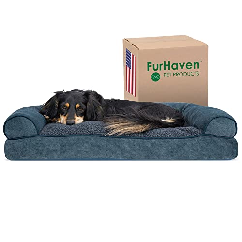 FurHaven Hundebett aus Sherpa- und Chenille-Sofa-Stil mit abnehmbarem, waschbarem Bezug, Größe M, Orionblau von Furhaven