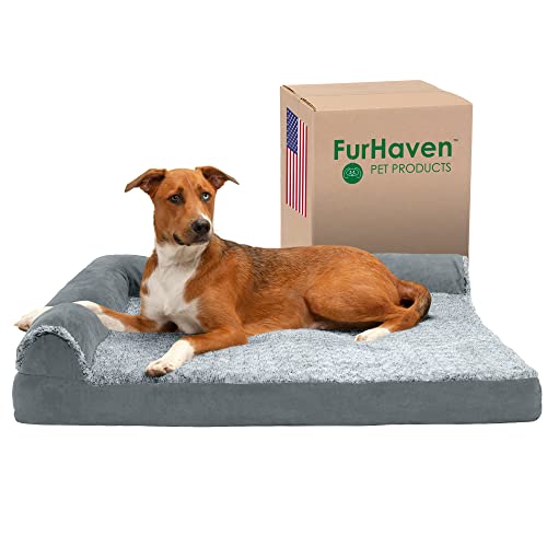 Furhaven Cooling Gel Dog Bed for Large Dogs w/Removable Bolsters & Washable Cover, For Dogs Up to 95 lbs - Two-Tone Plush Faux Fur & Suede L Shaped Chaise - Stone Gray, Jumbo/XL von Furhaven