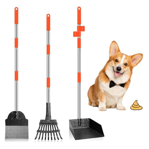 Furggis Hundekotschaufel, 3 Stück Dog Pooper Scooper Hundekotschaufel und Harke Metall Rechen Kehrschaufel für große mittlere kleine Hunde mit Lange verstellbare Griff Rake Waste Removal von Furggis