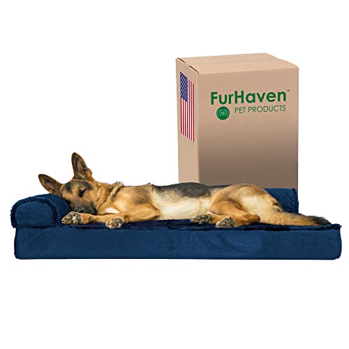 Furhaven XL Orthopedic Dog Bed Plush & Velvet L Shaped Chaise w/Removable Washable Cover - Deep Sapphire, Jumbo (X-Large) von Furhaven