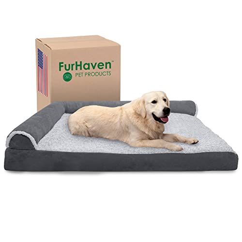 Furhaven XXL Memory Foam Dog Bed Two-Tone Faux Fur & Suede L Shaped Chaise w/Removable Washable Cover - Stone Gray, Jumbo Plus (XX-Large) von Furhaven