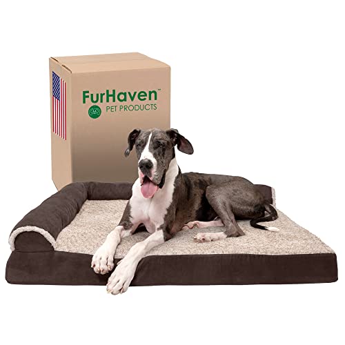 Furhaven XXL Orthopedic Dog Bed Two-Tone Faux Fur & Suede L Shaped Chaise w/Removable Washable Cover - Espresso, Jumbo Plus (XX-Large) von Furhaven