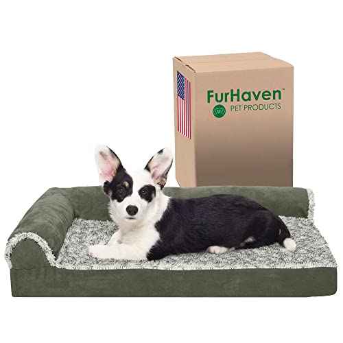 Furhaven Medium Orthopedic Dog Bed Two-Tone Faux Fur & Suede L Shaped Chaise w/Removable Washable Cover - Dark Sage, Medium von Furhaven