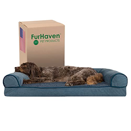 Furhaven Large Memory Foam Dog Bed Sherpa & Chenille Sofa-Style w/Removable Washable Cover - Orion Blue, Large von Furhaven