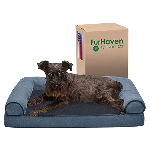 Furhaven Medium Memory Foam Dog Bed Sherpa & Chenille Sofa-Style w/Removable Washable Cover - Orion Blue, Medium von Furhaven