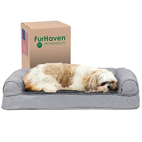 Furhaven Pet Bed for Dogs and Cats - Plush and Suede Sofa-Style Cooling Gel Foam Dog Bed, Removable Machine Washable Cover - Gray, Medium von Furhaven