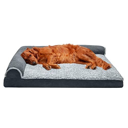 Furhaven XL Memory Foam Dog Bed Two-Tone Faux Fur & Suede L Shaped Chaise w/Removable Washable Cover - Stone Gray, Jumbo von Furhaven