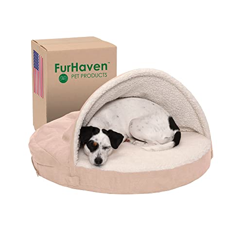 FurHaven Orthopädisches Hundebett für mittelgroße und kleine Hunde, mit abnehmbarem, waschbarem Bezug, für Hunde bis zu 13,6 kg, Sherpa und Wildleder, 66 cm, cremefarben von Furhaven