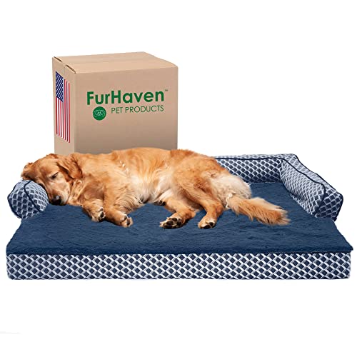 FurHaven Haustierbett für Hunde und Katzen – Plüsch und Dekor Bequeme Couch Sofa Stil Kühlendes Gel Schaumstoff Hundebett, Abnehmbarer maschinenwaschbarer Bezug – Diamantblau, Jumbo (X-Large) von FurHaven