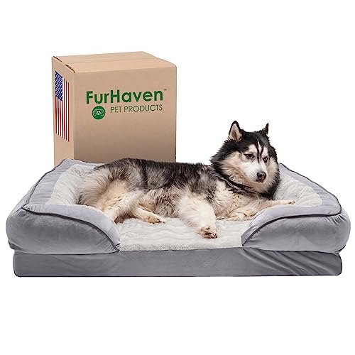 FurHaven XL Memory Foam Dog Bed Perfect Comfort Plush & Velvet Waves Sofa-Style w/Removable Washable Cover - Granite Gray, Jumbo (X-Large) von Furhaven