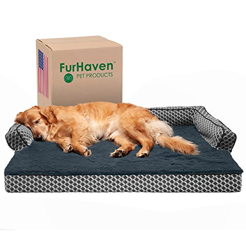 Furhaven Kühlendes Gel-Hundebett für große Hunde mit abnehmbaren Nackenrollen und waschbarem Bezug, für Hunde bis zu 43 kg – Plüsch und gewebte Dekoration bequemes Sofa – Diamantgrau, Jumbo/XL von Furhaven