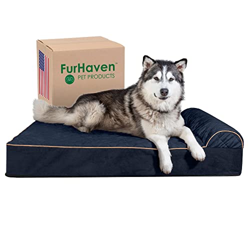 Furhaven Goliath Orthopädisches Hundebett für extra große Hunde, mit wasserabweisendem Futter und abnehmbarem, waschbarem Bezug, für Hunde bis zu 136 kg, gestepptes Kunstfell und Samt, Dunkelblau, von Furhaven