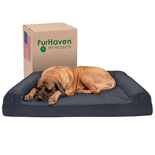 Furhaven Kühlendes Gel-Hundebett für große Hunde mit abnehmbaren Nackenrollen und waschbarem Bezug, für Hunde bis zu 56,7 kg – gestepptes Sofa – Eisengrau, Jumbo Plus/XXL von Furhaven