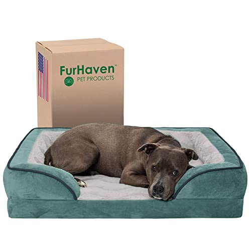 Furhaven Large Orthopedic Dog Bed Perfect Comfort Plush & Velvet Waves Sofa-Style w/Removable Washable Cover - Celadon Green, Large von Furhaven