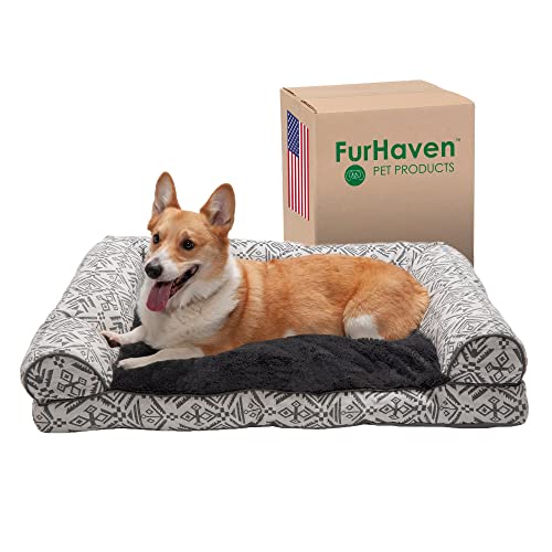 FurHaven Großes Kissen Hundebett Plüsch & Südwest-Kelim-Dekor, Sofa-Stil mit abnehmbarem, waschbarem Bezug, Bouldergrau, Größe L von Furhaven