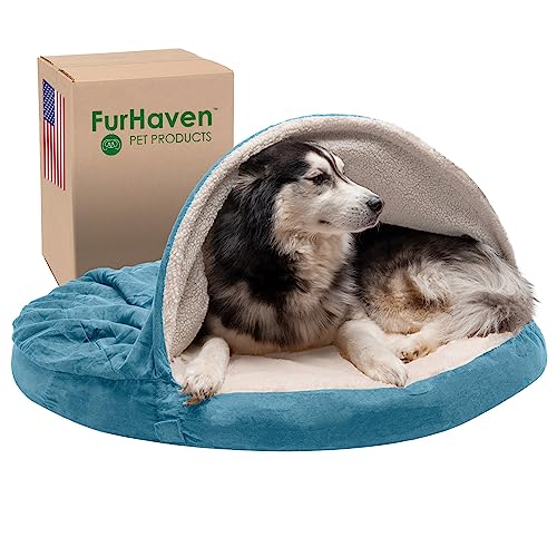 Furhaven Hundebett aus Memory-Schaum, rund, 111,8 cm, mit abnehmbarem, waschbarem Bezug, für Hunde bis zu 36,3 kg – Sherpa & Suede Snuggery – Blau, 111,8 cm von Furhaven