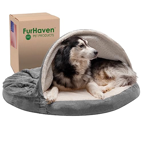 Furhaven Hundebett aus Memory-Schaum für große Hunde, rund, mit abnehmbarem, waschbarem Bezug, für Hunde bis zu 36 kg, Sherpa und Wildleder, 111,8 cm, Grau von Furhaven