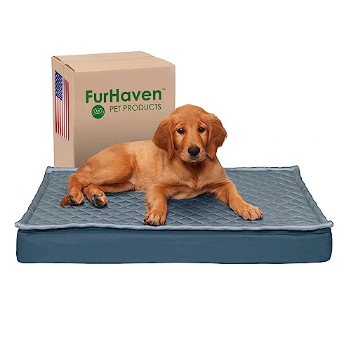 Furhaven Haustierbett für Hunde und Katzen – Wasserabweisend Indoor-Outdoor Convertible Quilt Top Matratze Kühlender Gelschaum Hundebett, Abnehmbarer Bezug – Ruhiges Blau, Medium von Furhaven