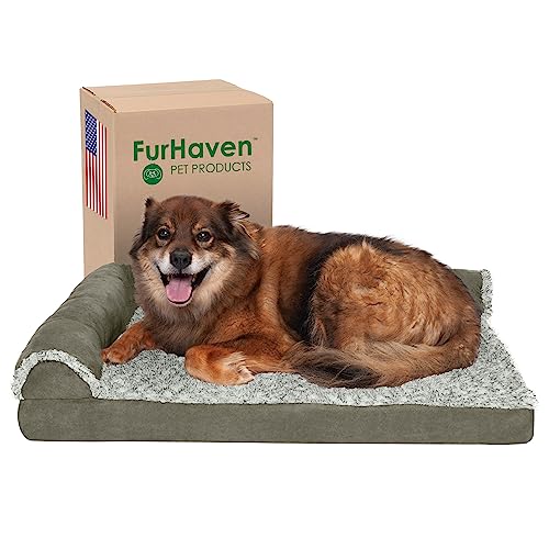 Furhaven Large Memory Foam Dog Bed Two-Tone Faux Fur & Suede L Shaped Chaise w/Removable Washable Cover - Dark Sage, Large von Furhaven