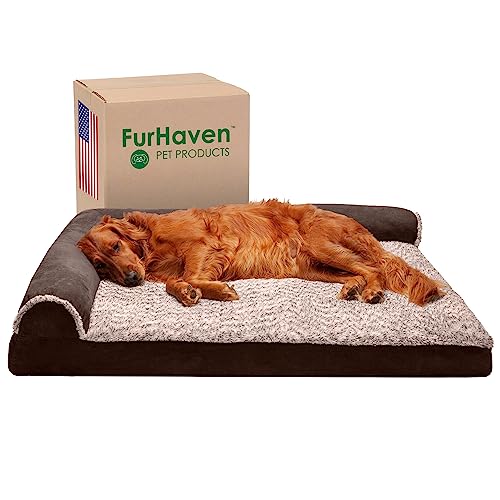 Furhaven XL Memory Foam Dog Bed Two-Tone Faux Fur & Suede L Shaped Chaise w/Removable Washable Cover - Espresso, Jumbo von Furhaven