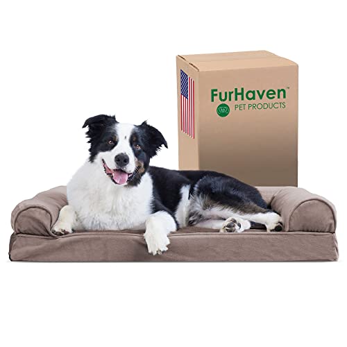 Furhaven Kühlendes Gel-Hundebett für große und mittelgroße Hunde mit abnehmbaren Nackenrollen und waschbarem Bezug, für Hunde bis zu 25 kg – Kunstfell und Samtsofa – Treibholzbraun, Größe L von Furhaven